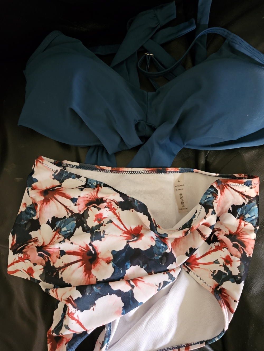 Very Flattering ! Blue Halter Bikini Top with Floral High-Waist Bottom